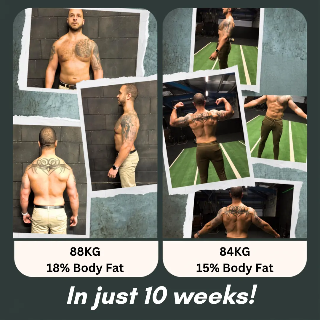 Before and after photos: 88kg at 18% body fat, then 84kg at 15% body fat, in just 10 weeks